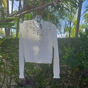 Anthropologie Pointelle Rosette Crew-Neck Cardigan Sweater